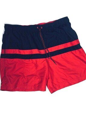 George Mens Red Striped Swim Trunks 8" Inseam Above Knee Pockets size XL